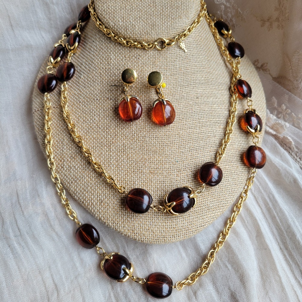 Vtg 60s Trifari Waterfall Collection Sautoir Necklace Earrings Root Beer Lucite